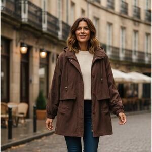 Preswick & Moore Womens Large Brown Utility Hooded Jacket Parka Minimalist Chic